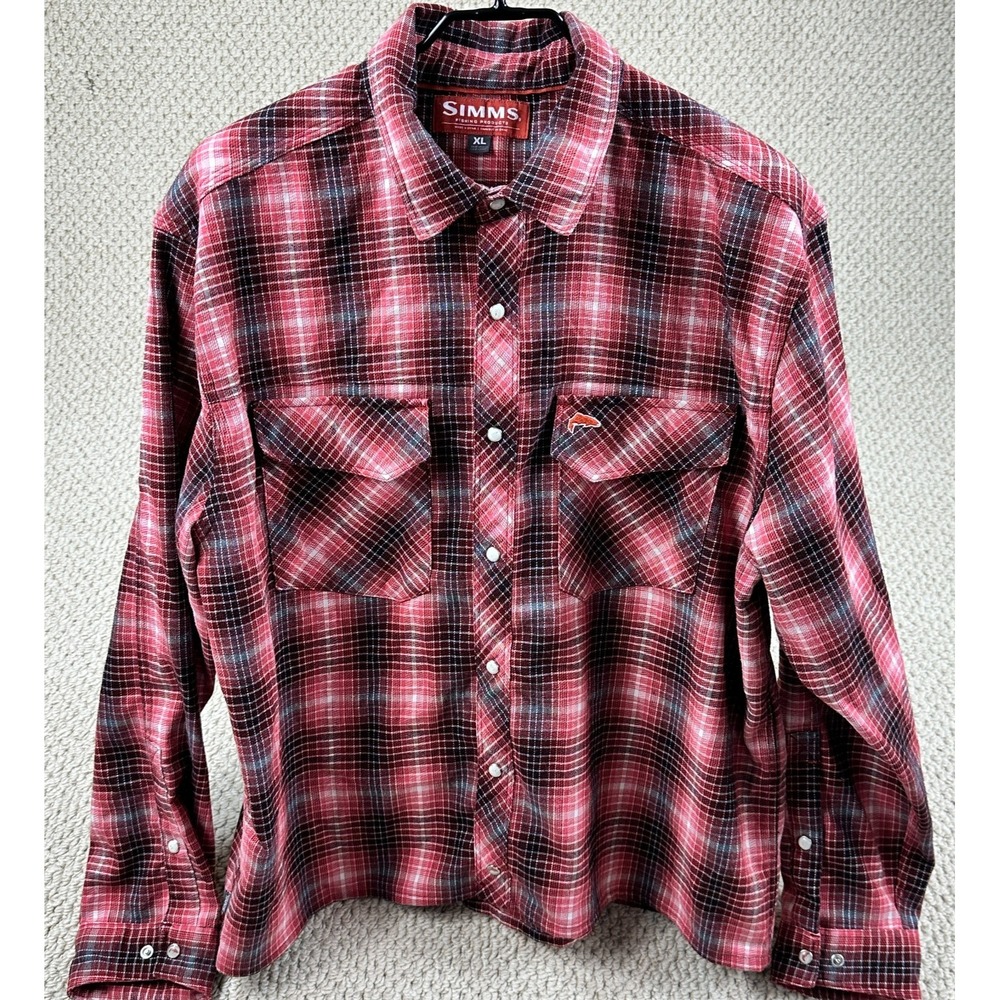 Simms Shirt Mens XL Red Gallatin Flannel Pearl Snap Short Boxy Fit Plaid Western